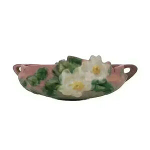VTG ROSEVILLE POTTERY WHITE ROSE 389-6 DOUBLE HANDLE BOWL DISH 9"